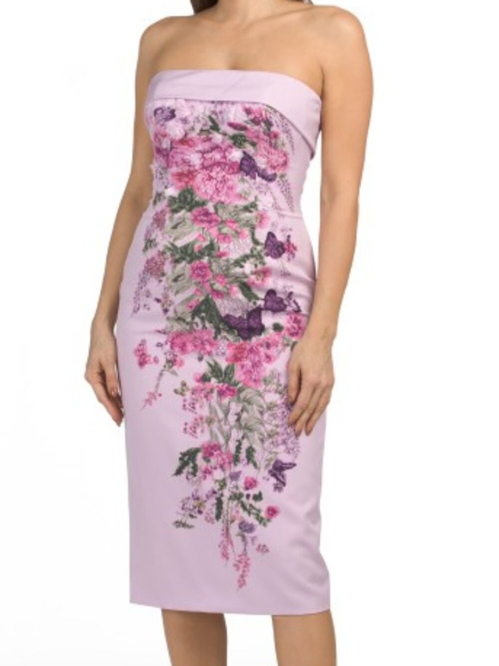 Rene Ruiz Strapless Tea-Length Dress Gown Floral Butterfly Pink Multi Size 12